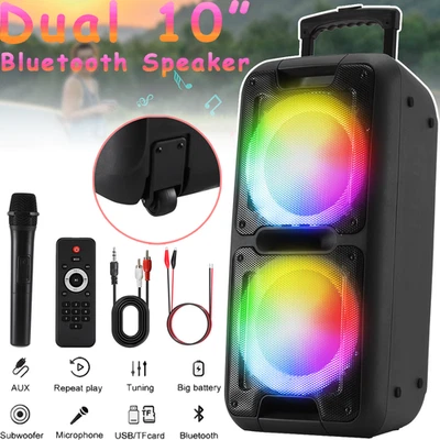 Dual 10" Portable Bluetooth Speaker Heavy Bass Karaoke LED DJ TWS AUX Mic Party - Image 1 of 4