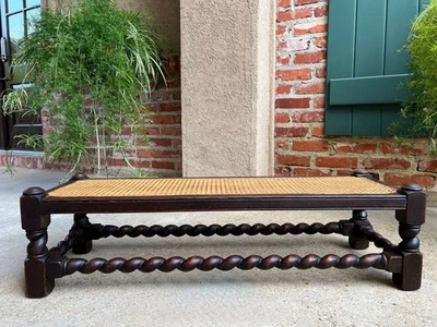 Antiguo taburete inglés cebada torcido banco roble caña jacobeo otomano c1920 Foto 1 de 4