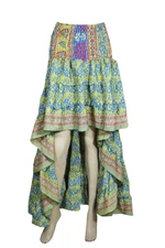 Boho Chic Gypsy Hippy Hi Low Skirt Green Blue Printed Flared Holiday Skirts S/M