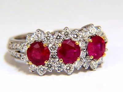 2.52ct natural vivid red ruby diamonds ring 14kt three stone halo class - Image 1 of 4