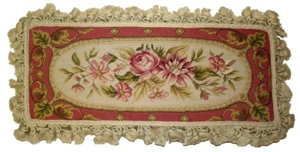 Wool Petit Point Bolster Pillow Needlepoint Rose Medallion with Tassels 12x22 - Picture 1 of 2
