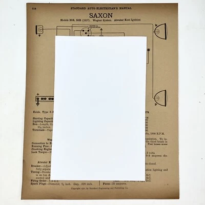 Vtg 1917 B5R B6R Saxon & 1918 D 8cyl Chevrolet Standard Auto Electrician Manual - Image 1 of 2