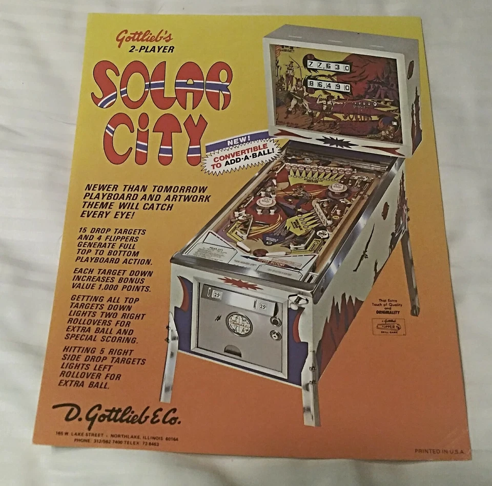 Gottlieb's SOLAR CITY Máquina de Pinball Publicidad Flyer De Colección 1977 ¡Bonito! Foto 1 de 1