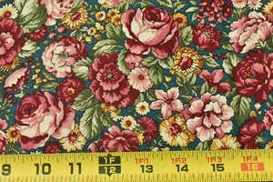 11" Long, Vintage, Red Pink Gold Floral on Green Cotton, Kesslers/Concord,P9154 - Picture 1 of 6