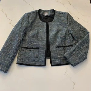 Long Sleeve Multicolor Blue Sparkly Tweed Open Front Collarless Jacket Size L - Picture 1 of 11