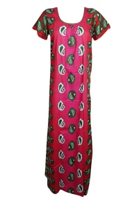 Women Maxi Kaftan Dress Pink Printed Nighty Gown Sleepwear Nightwear Caftan M