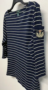 Camisa Lauren Ralph Lauren Mujer Talla 1X Azul Dorado Rayas Manga 3/4 Cresta Logo - Imagen 1 de 9