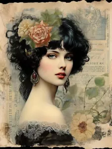Donna Art Déco Vintage Vittoriana con Cartolina 8x10 Artigianale Trapunta Blocco Tessuto - Foto 1 di 1