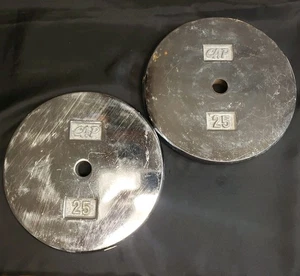 2x Chrom 25 Pfund Kappe Pfannkuchen Langhantel Standard Hantelscheiben selten Vintage 50 Pfund insgesamt - Bild 1 von 12