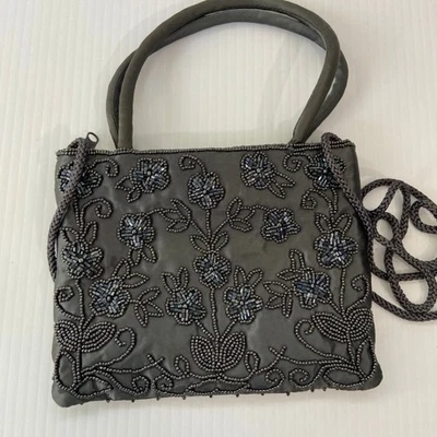Small Gray Satin Floral Beaded Crossbody Evening Bag Purse 6.5x5.5 - Image 1 of 4