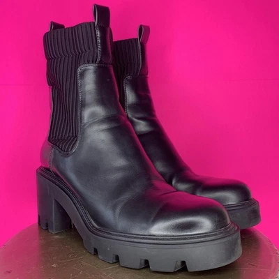 Zara Black Chunky Lug Sole Platform Block Heel Thick Sock Boot Sz 8 - Image 1 of 4