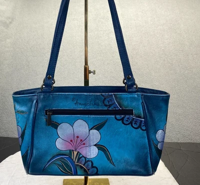 Gorgeous Anuschka Bag. Hand Painted Shoulder Bag. Blue And Rose Pattern. - Image 1 of 4