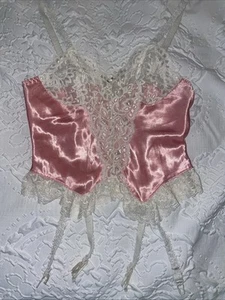 Delicates Sz S GLOSSY pink Satin Bustier Garter Lace Trim Woman’s Sissy Vtg - Picture 1 of 11