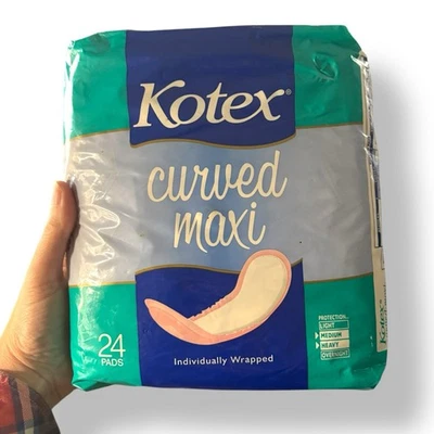 Kotex 1994 1998 Curved MAXI Pads 24 Count Individual Wrap w/Elastic Side Vintage - Image 1 of 3