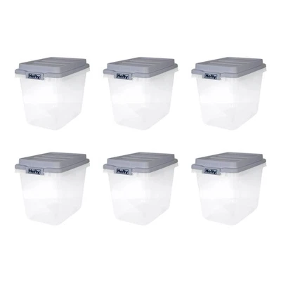 Hefty 6 Pack 32 Quart Hi-Rise Stackable Plastic Storage Bin w/ Lid, Quarry Gray - Image 1 of 4