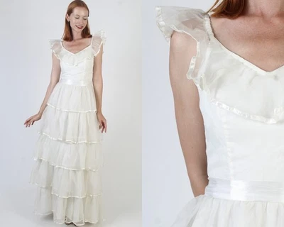 Vtg Off White Chiffon Prom Dress Amy Rose Tiered Skirt Bridal Wedding Gown - Image 1 of 4