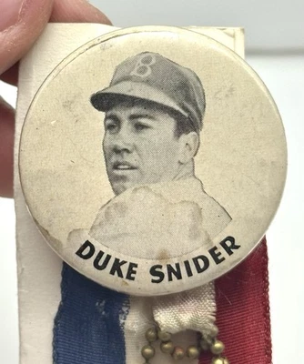 1950’s Duke Snider Brooklyn Dodgers Pin Button w/ Ribbon/Baseball & Bat Charm - Image 1 of 3