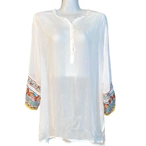 Johnny Was Patchwork Sleeve Eyelet White Embroidered Sheer Tunic Size Large - Picture 1 of 5