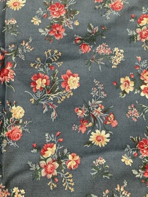 VTG Cotton Fabric Small Pink Flowers Roses Carnations on Med Blue 4Y x 43" Width - Image 1 of 3