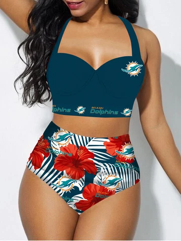 Miami Dolphins 2PCS Halter Swimsuit Low Cut Beach High Waist Bikini Bathing Wear Cover