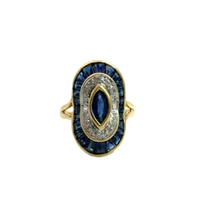 Vintage Stamped 18k Yellow Gold Sapphire and Diamond Shield Ring Size 7 - Picture 1 of 7