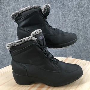 Sport Boots Womens 8 Lucy Casual Lace Up Winter Bootie Black Faux Leather Wedge - Picture 1 of 16