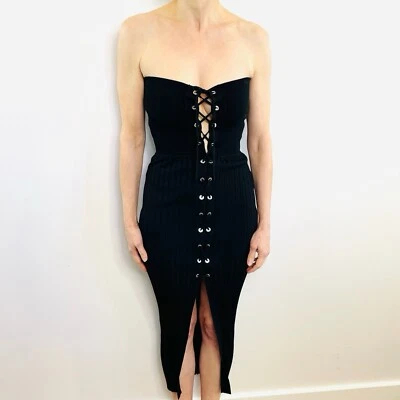 Vestido Dion Lee Talla XS 8 10 Negro Acanalado Tejido Encaje Frontal Midi Diseñador Foto 1 de 4