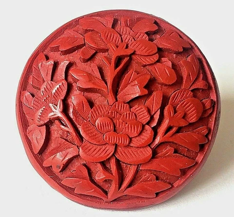 Pretty Intricately Carved Floral Cinnabar…1&3/16"…Vintage Chinese Button Cover