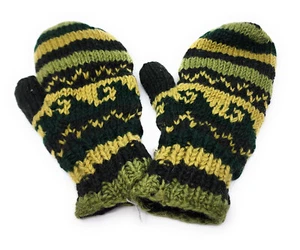 Hand Knit Wool Mittens Fleece Lined Made in Nepal Shades of Green - Picture 1 of 3