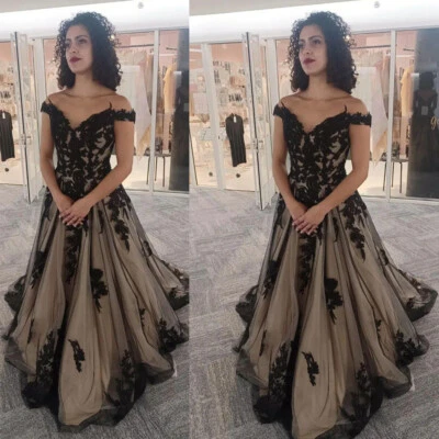 Black And Champagne Wedding Dresses Gothic Lace Off The Shoulder Bridal Gowns - Image 1 of 4