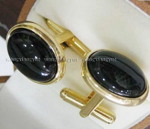 Natural Rich Oval Black Agate Onyx 14K Gold GP Inlay Cufflinks Cuff AAA Grade - Imagen 1 de 3