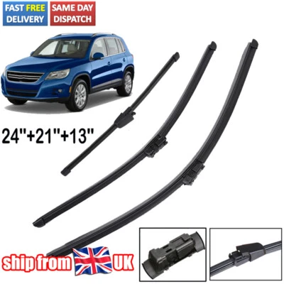 For VW Tiguan 2008-2015 Front Rear Windscreen 24" 21" 13" Flat Wiper Blades Set - Image 1 of 4