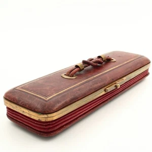 Victorian Red Leather Glove Box with Knotted Handle Brass Frame and Gloves - Picture 1 of 18