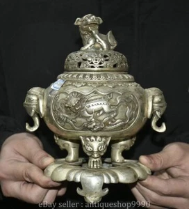 8.4" Marked Chinese Silver 2 Elephant Handle Lion Dragon Incense Burner Censer - Picture 1 of 13