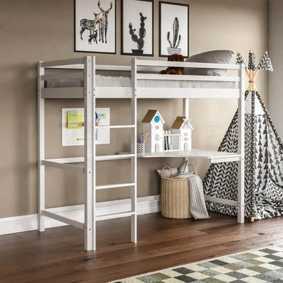 High Sleeper Bunk Bed Loft Cabin Bed Pine Wood Frame Desk Kids Single 3FT White - Image 1 of 4