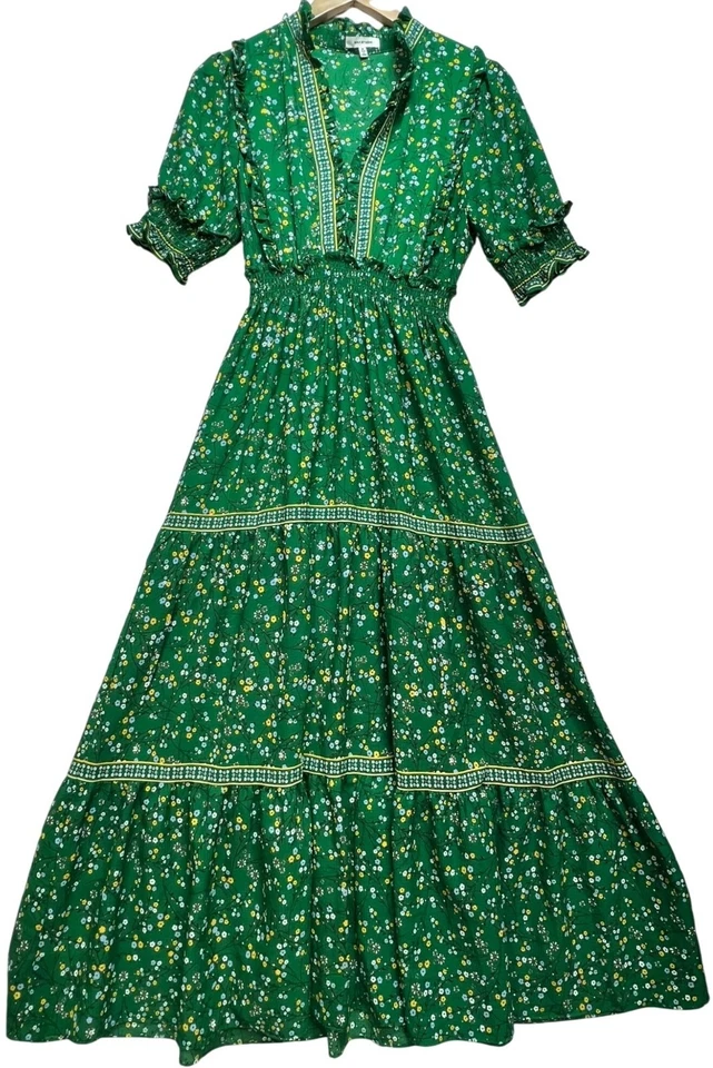 Maxi Vestido Max Studio Mujer en Niveles Manga Corta Volantes Calado Talla M Verde Floral Foto 1 de 4