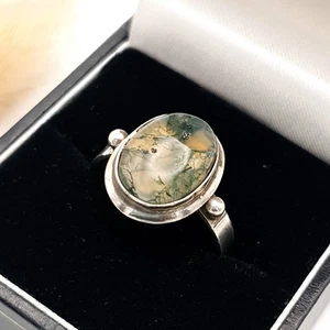 Vintage moss agate oval statement modernist chunky solid 900. silver ring - Picture 1 of 12