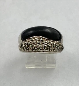 Vintage Sterling Silver Marcasite & Black Onyx Ring Size 9 - Picture 1 of 5