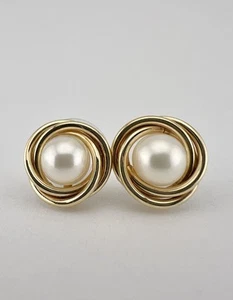 Vintage 14k Yellow Gold 6mm White Pearl Twist Post Dangle Earrings - Picture 1 of 3