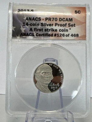 2013-S JEFFERSON NICKEL SILVER ANACS PR70 DEEP CAMEO *A first strike coin* - Image 1 of 2