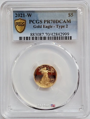2021-W $5 AMERICAN EAGLE Type 2 PCGS PR70DCAM Gold Shield 1/10 Oz Gold Coin Cover
