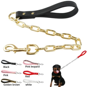 24" Dog Chain Short Lead Leather Handle Heavy Duty Walking Leash for Large Dogs - Picture 1 of 16