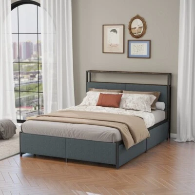 Marco de cama completo/queen de 14 pulgadas, cama con plataforma de metal industrial con 4 cajones de almacenamiento Foto 1 de 4