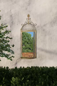 Large Rustic Metal Bird Cage Shaped Green Garden opening Mirror New 70cm X 26cm - Picture 1 of 2