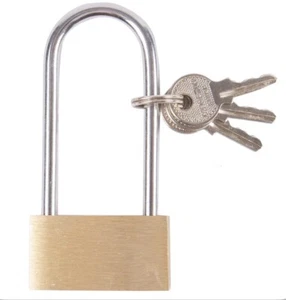 40MM PADLOCK LONG SHACKLE BRASS LOCK SECURITY LOCKER CHEST HASP SHED WITH 3 KEYS - Picture 1 of 5