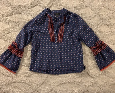 Camisa J CREW tamanho 8 azul marinho vermelho diamante padrão manga sino meio botão - Imagem 1 de 4