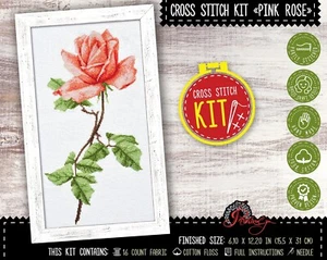 Flower cross stitch kit Pink rose DIY Embroidery kit Tea Rose Counted Pattern - Picture 1 of 10