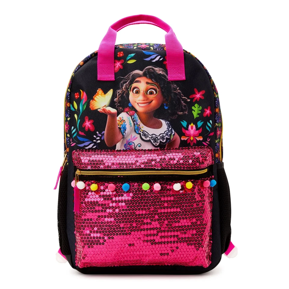Disney Encanto Mirabel Girl 17 Inch Backpack Bookbag Sequin & Print Pink