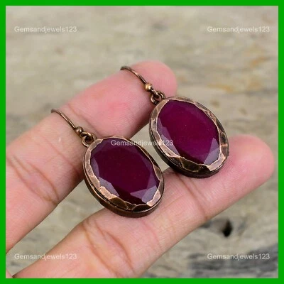 Уникальные серьги-подвески из меди с драгоценными камнями кашмирский рубин - Изображение 1 из 4