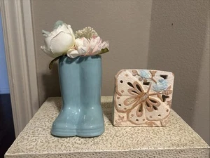 Cute Ceramic Blue Boots Vase &Butterfly Candle Holder Decor Summer As Is G70 - Picture 1 of 11